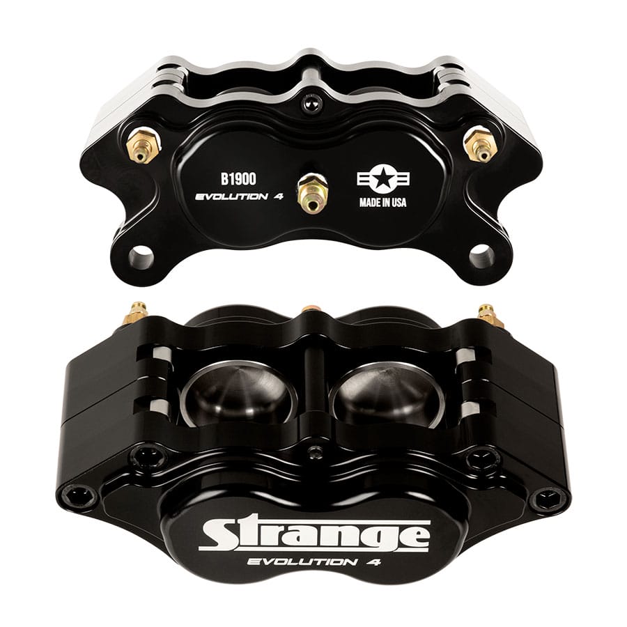 Strange Evolution Dynamic Drive Mount Dual Rear Brakes | For Late Big Ford / Torino Housing Ends | Evolution S Rotors, 4 Piston Billet Evolution 4 Calipers | With DRM-35 Metallic Pads