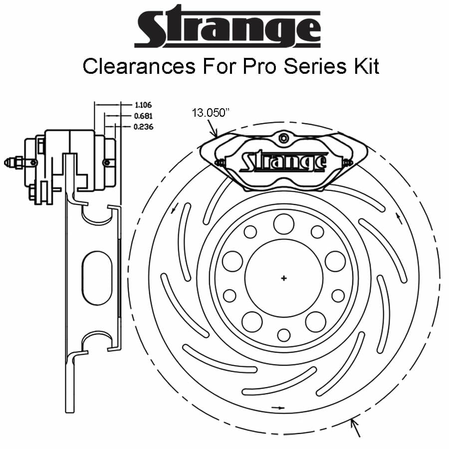 Strange Pro Series H/D Front Brake Kit | ’66-’69 Fairlane, ’67-’69 Mustang, … 4 1/2″ B.C. | 1 Pc Rotors, 4 Piston Calipers & DTC-30 Semi Metallic Pads